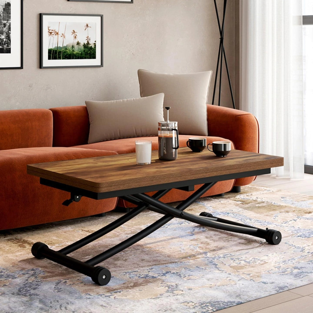 Tavolino 2 in 1 URBANA, trasformabile in tavolo da pranzo rettangolare, 100 cm, legno scuro e nero, design industriale