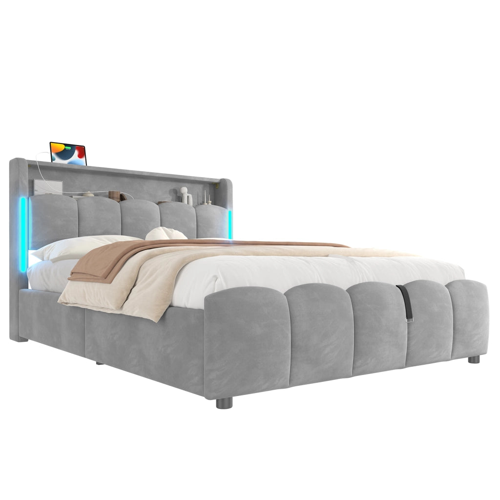 OKWISH Letto Contenitore 140×200 cm, Letto Matrimoniale con LED Regolabile, USB, Tipo C e Vano Contenitore in Testiera, senza Materasso, Velluto, Grigio