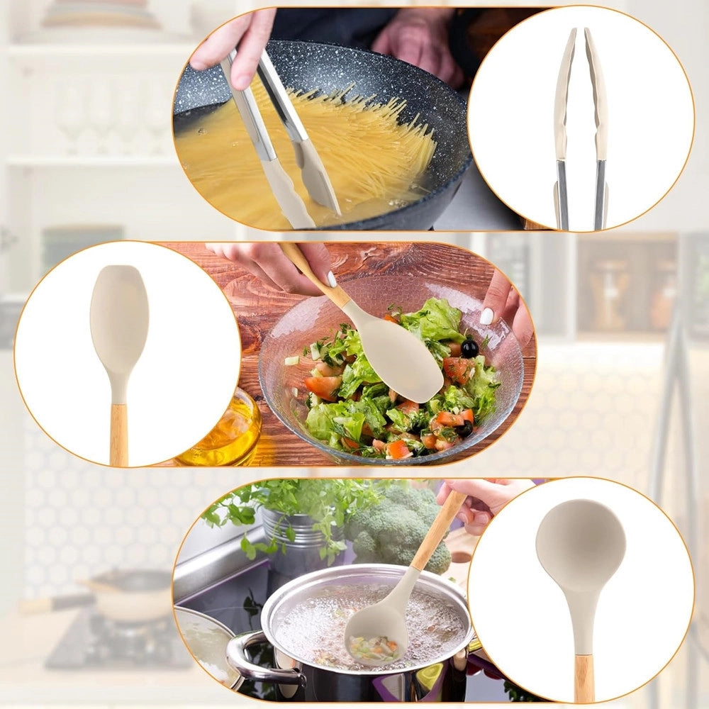 Trade Shop - Set 12 Attrezzi Cucina In Silicone Antiaderente Con Porta Utensili Manico In Legno -