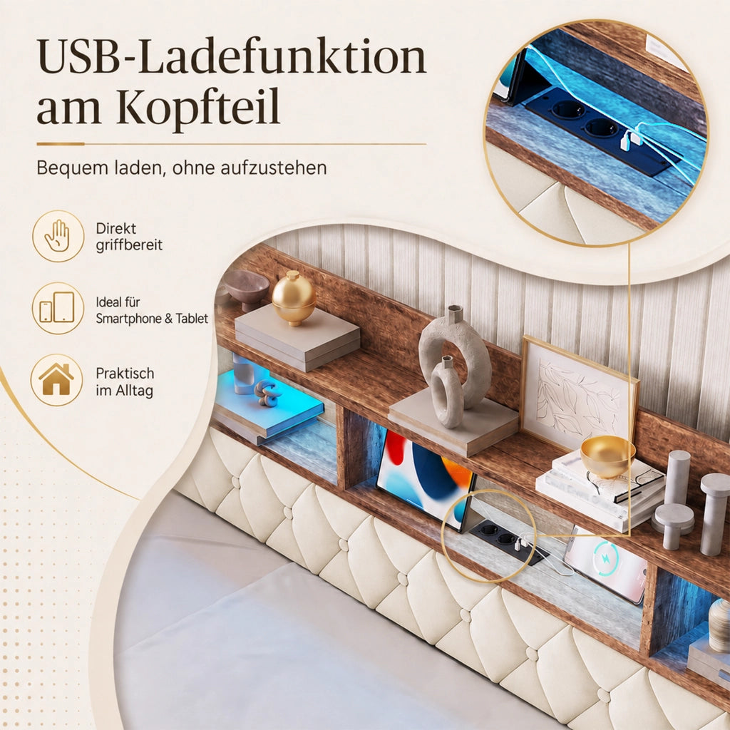 Letto imbottito con contenitore e cassetti ¨C Minimal ¨C Beige velluto 90x190 cm con LED, USB, Type-C, rete a doghe