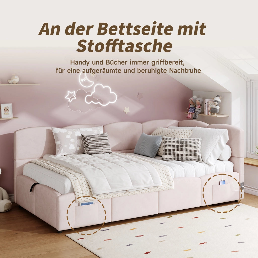 Letto Contenitore Letto Singolo 90x200 cm con USB-A; USB-C e Tasche in Velluto Rosa