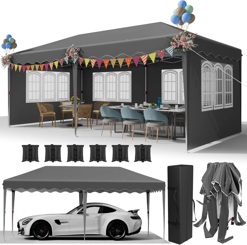 Gazebo 3x6 Pieghevole Impermeabile,Pergola Gazebo Esterno Resistente con 4 Pannelli Laterali, 420D Oxford Ispessente,Protezione UV 50+,Feste Campeggio Matrimonio,Spiaggia, Cortile, Giardino, Grigio