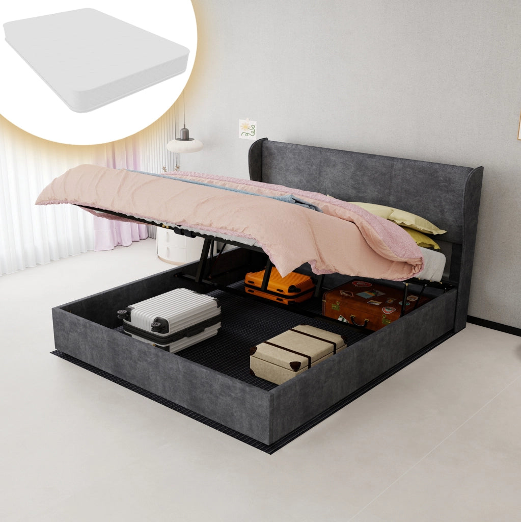 Letto contenitore 160x200 cm in tessuto e metallo grigio, base sollevabile –