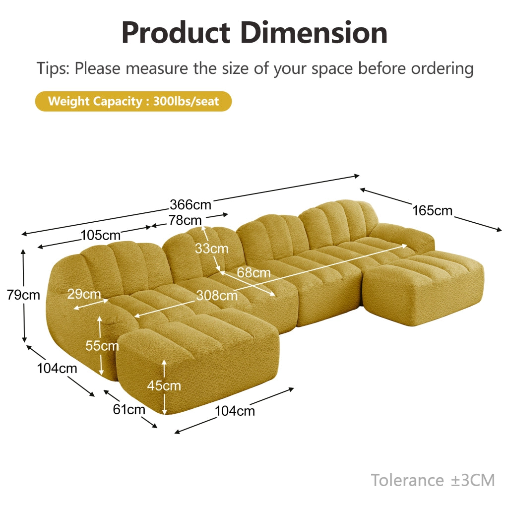 Divano modulare a 4 posti a forma di conchiglia - Zephmum - 2 pouf, schiuma ad alta densit¨¤ 32D, tessuto morbido, giallo