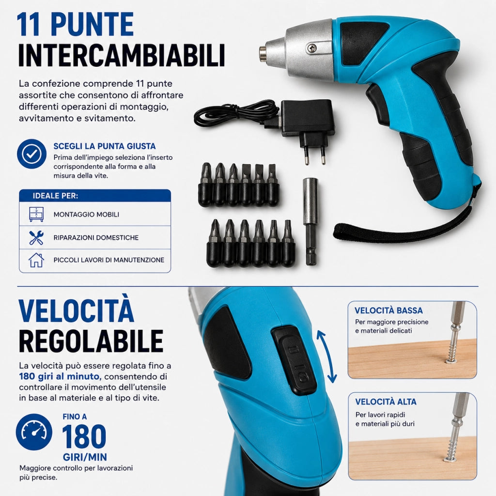 Avvitatore a Batteria 4,8V 2Ah 180 giri LED 11 Punte VP10104