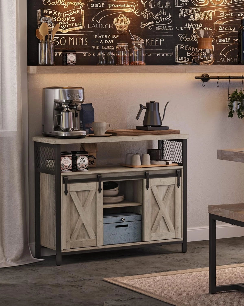VASAGLE Credenza, Mobile da Cucina, Armadietto Organizzatore, con 2 Ante Scorrevoli, 33 x 100 x 80 cm, Ripiani Regolabili, Stile Country, per Soggiorno, Greige Melange e Nero Inchiostro LSC092B02