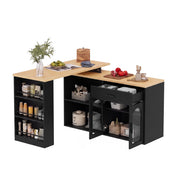 Isola da Cucina 136x50x78 cm Nera e Legno con Tavolo Girevole 360°, Cassetto, Ripiani e Vetro