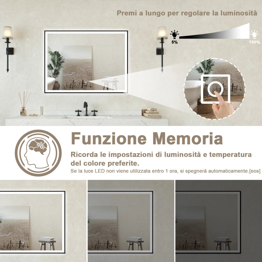 Specchio bagno Rettangolare 80x60cm Retroilluminato Con Led, Antiappannamento + 3 Luci