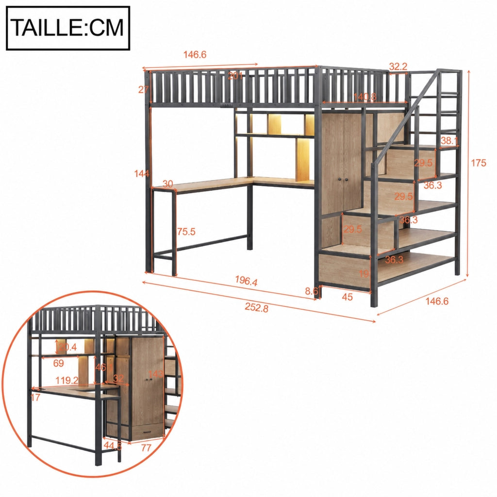 DESMIU Letto a soppalco matrimoniale con scrivania, armadio, cassetti, LED, USB e Type-C 140 × 200 cm senza materasso