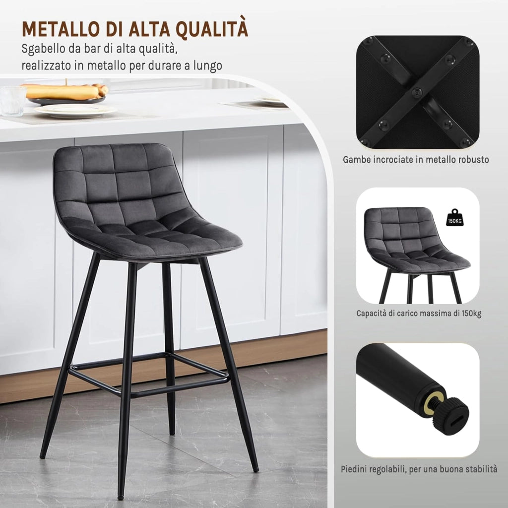 Sgabelli da Bar Stile Industriale Alta Sedia da Cucina Rivestimento in Velluto Grigio Scuro Gambe in Metallo 2 Pezzi