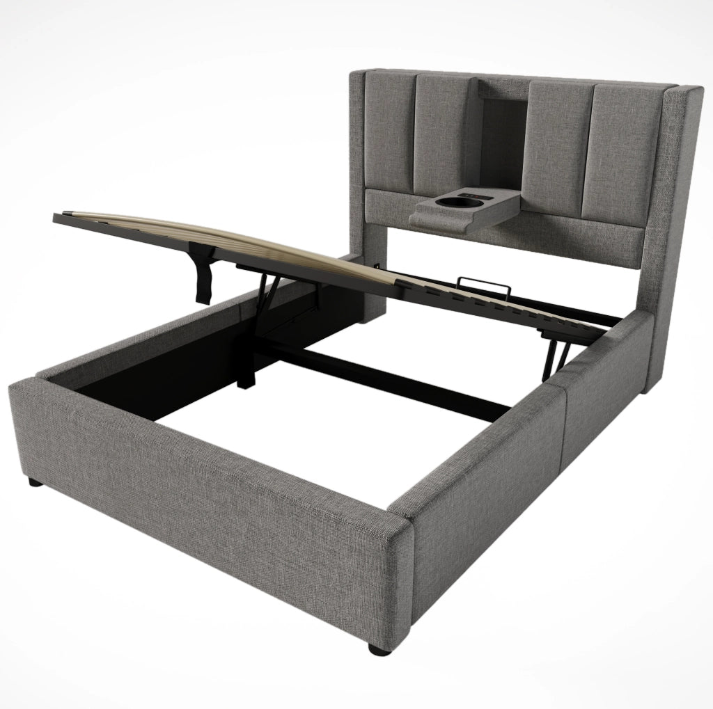 Letto singolo imbottito 90x200 cm con contenitore; portabicchiere e stazione di ricarica; grigio