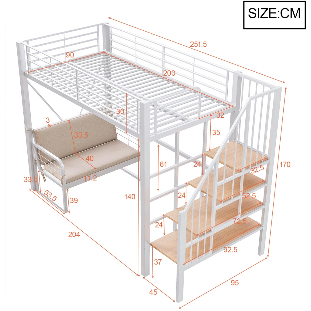 Letto a soppalco 90x200 cm bianco in metallo e MDF con divano removibile e scala contenitore