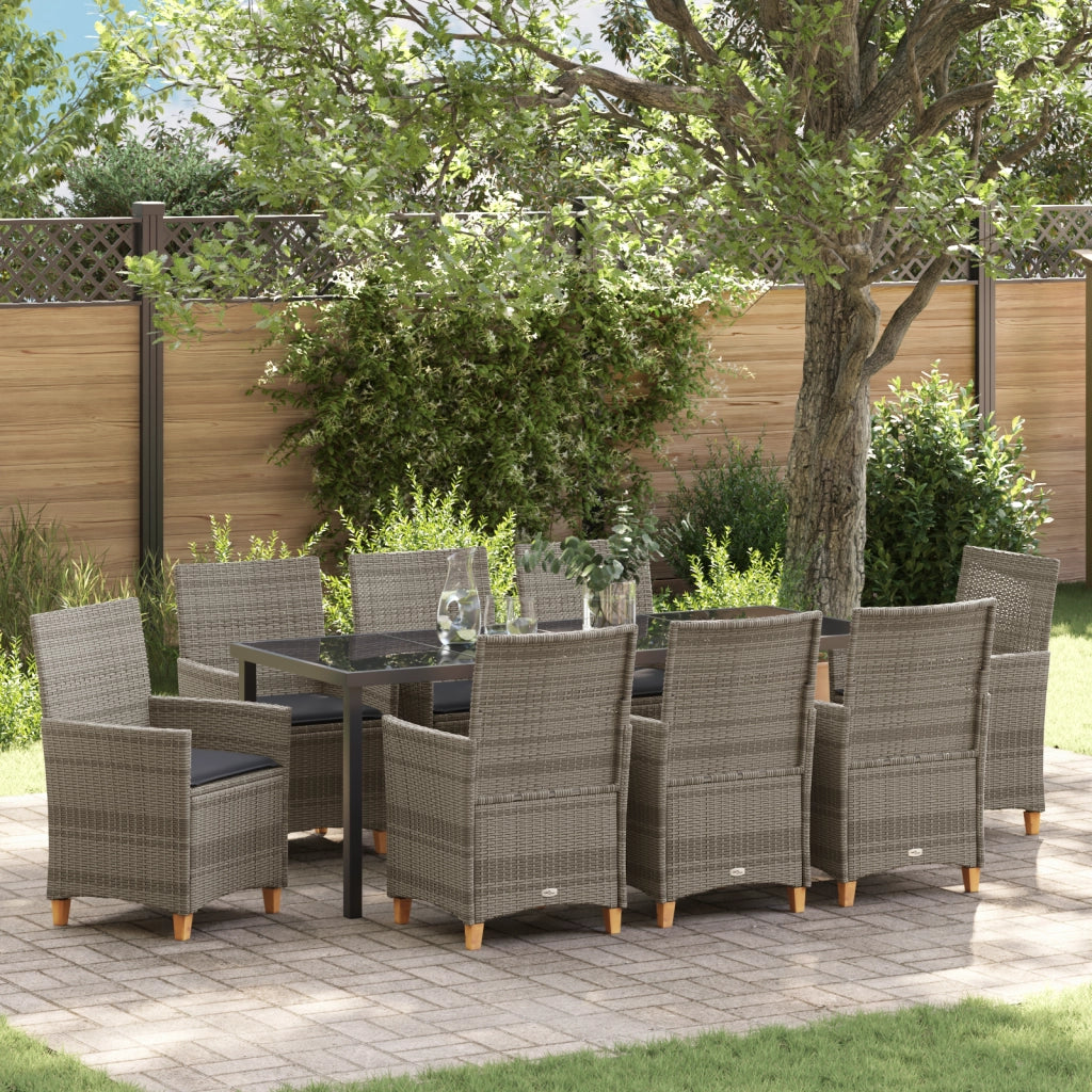Set da Pranzo da Giardino in 9 Pezzi con Cuscini Grigio Polyrattan