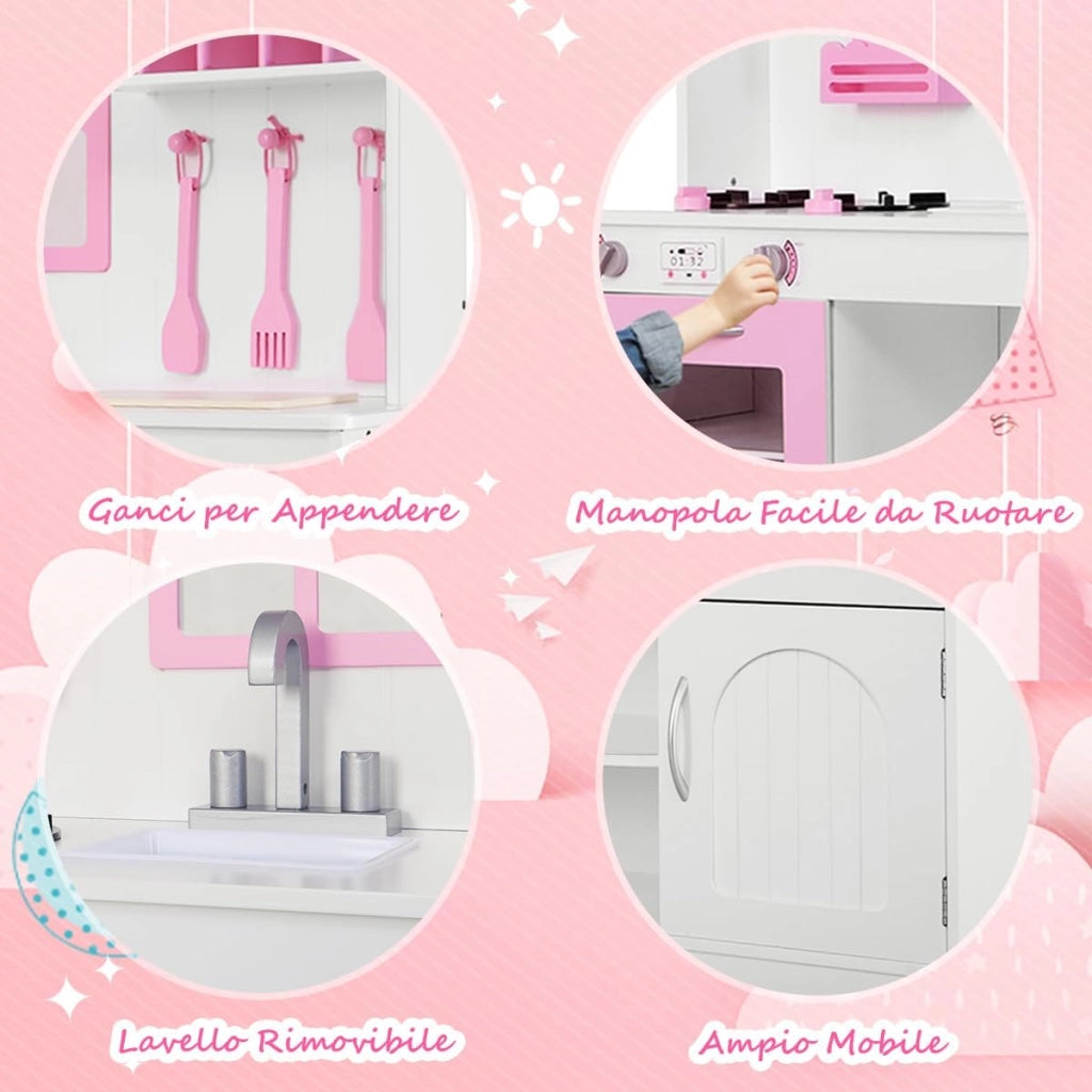 Cucina Giocattolo per Bambini, Cucina Legno per Bambini con Forno, Microonde, Lavello e Rubinetto, con Accessori da Cucina, per 3+ Anni