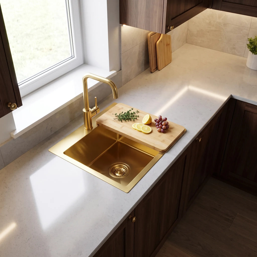 Lavello In Acciaio Con Set Di Accessori 3 Pz. Rea Leo 40 Brush Gold Accessori beige