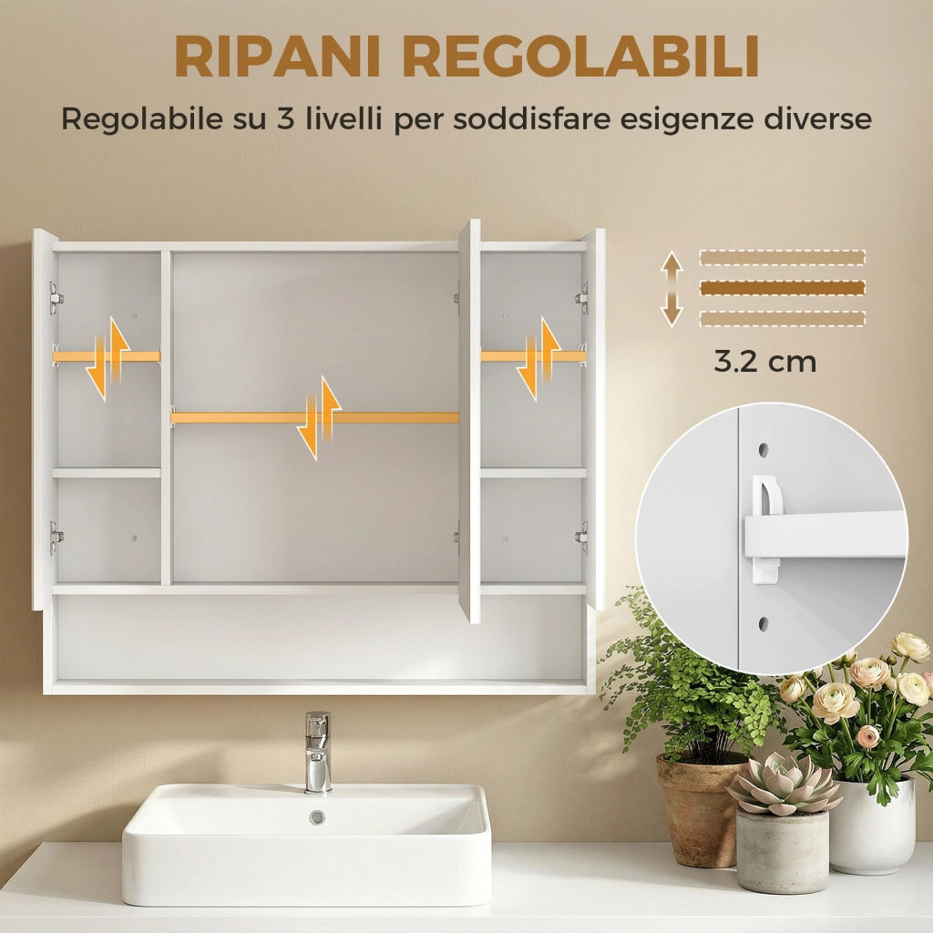 Specchiera Bagno con Armadietto 3 Ante ¨C Zephmum ¨C 90x15x75 cm, Bianco