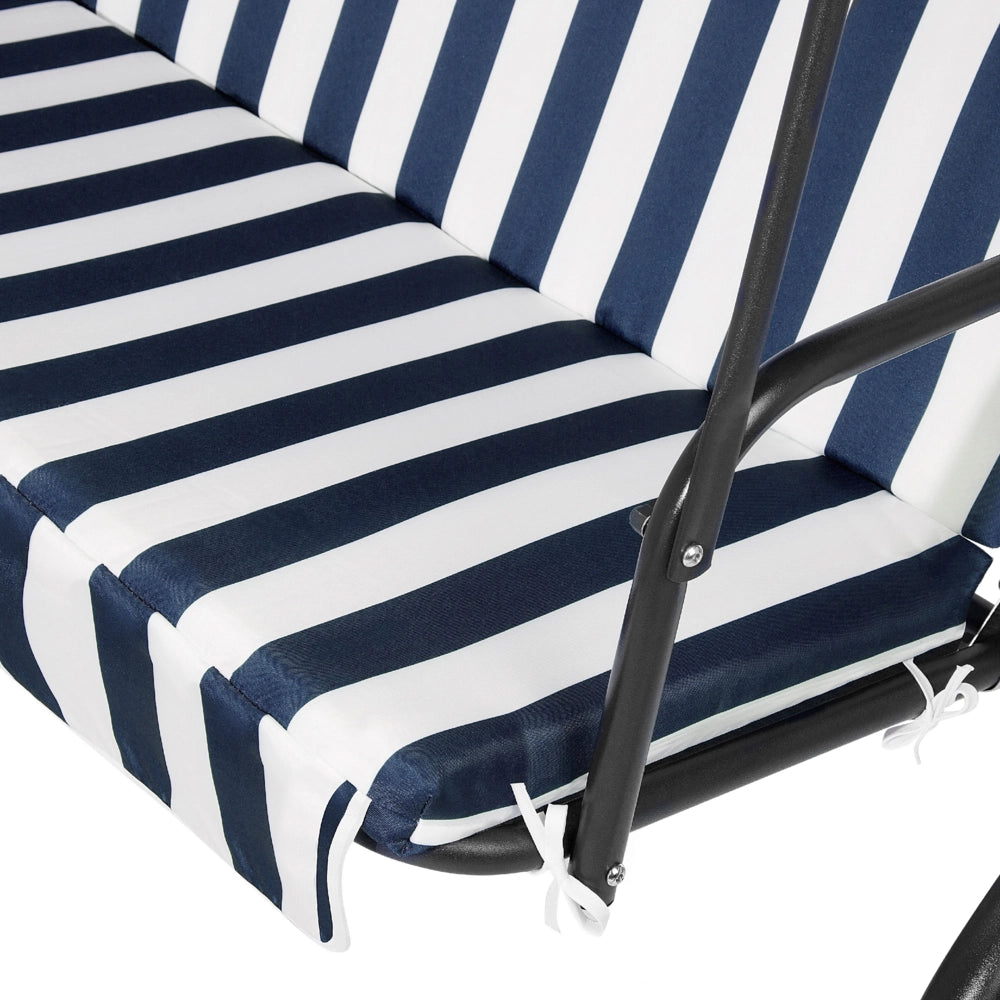 Altalena da giardino per patio con struttura in acciaio a rete a righe blu a 3 posti con baldacchino