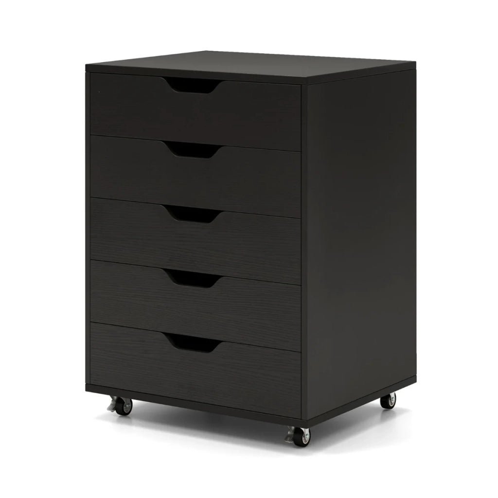 Mobiletto da ufficio con 5 cassetti e rotelle chiudibile a chiave 49 x 40 x 65 cm pratico e moderno in MDF nero 20_0010265