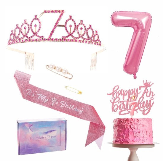 Decorazioni per la 7ª festa di compleanno - tiara, cappello da principessa, decorazione per torta, palloncino, candela e regali rosa
