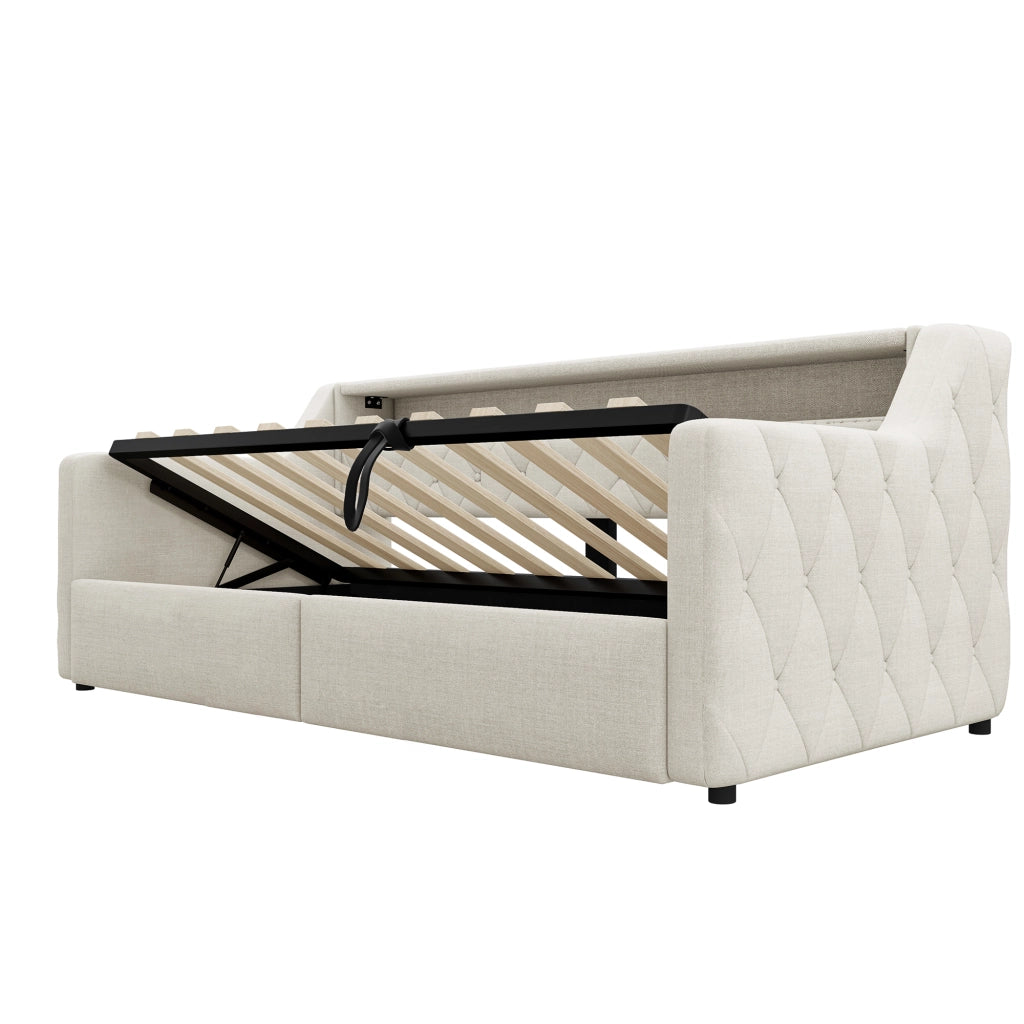 LETTO 90x200 cm con LED e contenitore idraulico, lino beige, USB e Tipo C