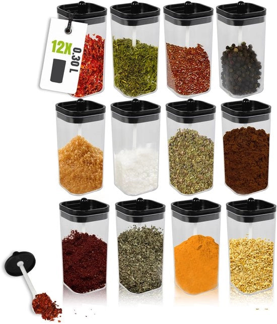 Set di contenitori per erbe BPA-free, composto da 12 contenitori con coperchi e cucchiai, contenitori a chiusura ermetica per il conservaggio di spezie, caffè, tè e semi, set di contenitori per conservazione 0,300 L/13 x 6,5 x 6,5 cm
