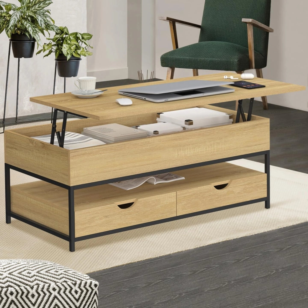 Tavolino rettangolare alzabile DETROIT con 2 cassetti dal design industriale