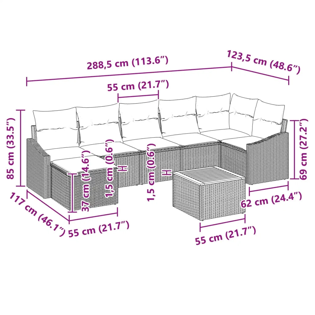 Set Divano da Giardino con cuscino 8 pcs Nero polyrattan