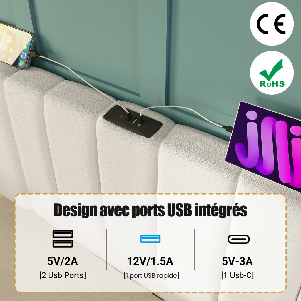 Letto Contenitore Letto Matrimoniale con USB; Tipo C e LED Regolabile 180×200 cm; senza Materasso; PU