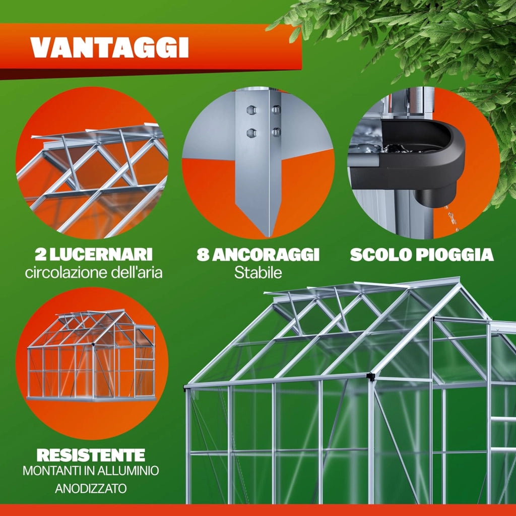 ® Serra da Giardino in Alluminio 4,8m² 250x190cm incl. 4 Lucernari Coltivazione Orto per Piante Giardinaggio 7,7m³
