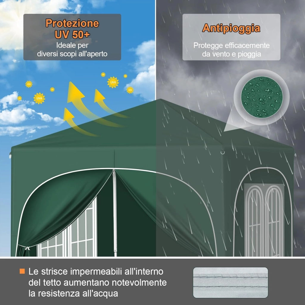 Gazebo Pieghevole 2x2m con 4 Pareti Rimovibili - Protezione Solare UPF 50+, Struttura Metallica Anti-Vento, 3 Regolazioni Altezza, Tendone da Giardino/Campeggio/Spiaggia - Verde
