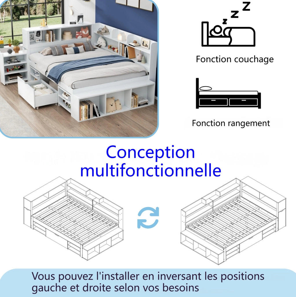 Letto singolo per bambini 140x190 cm con cassetti e vani portaoggetti; in compensato bianco