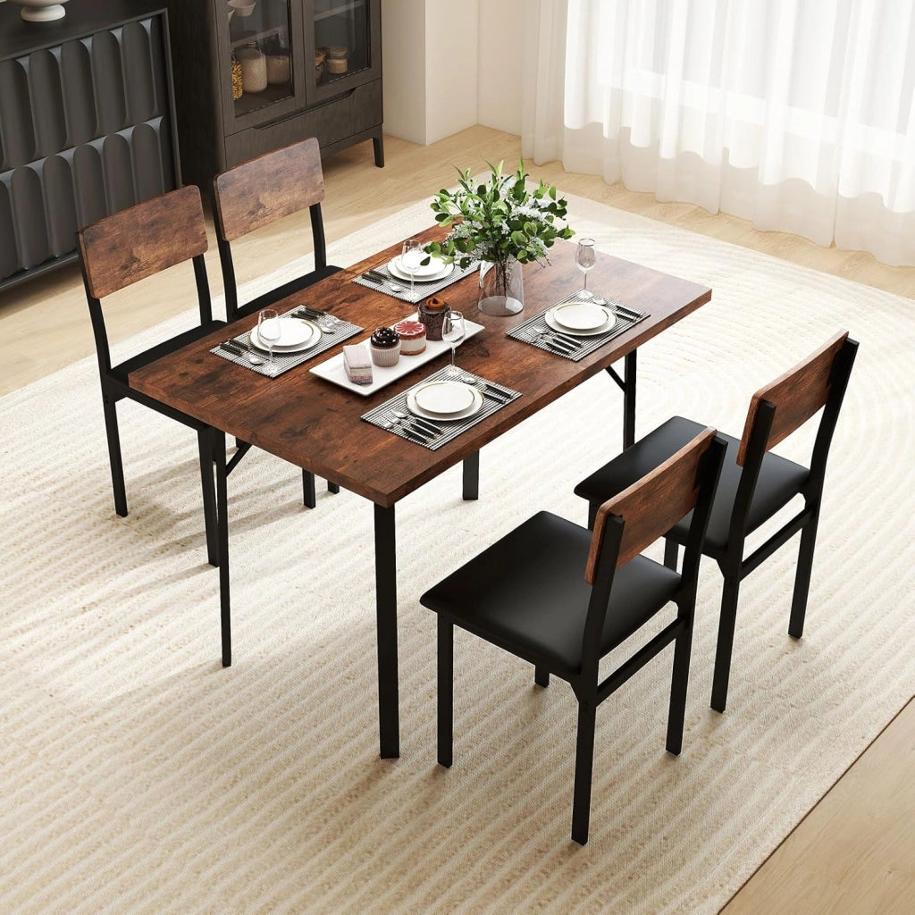 Set da Pranzo 5 Pezzi per 4 Persone, Tavolo da Cucina Rettangolare Industriale con 4 Sedie Imbottite con Gambe in Metallo, Seduta Imbottita, Mobili Salvaspazio per Colazione in Appartamento