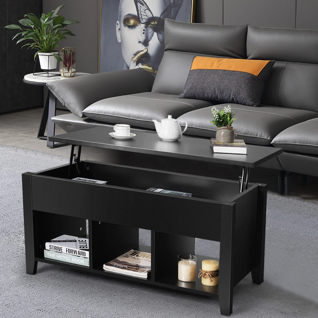 Tavolino da caff¨¨ moderno di sollevamento in legno con scompartimenti nascosti e 3 mensole aperte-Buffet Nero