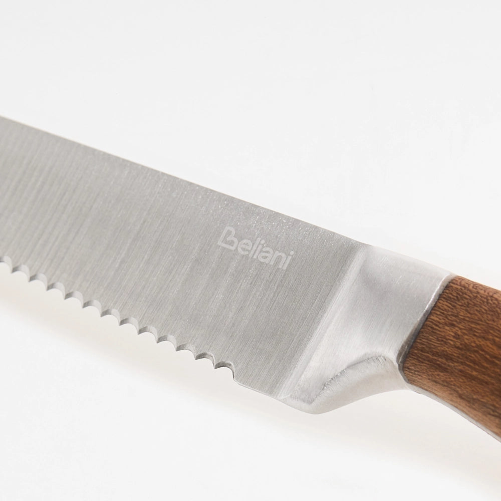 Set di coltelli da bistecca 6 pezzi Elegante confezione in acciaio inossidabile Manico in legno Lama seghettata Marrone