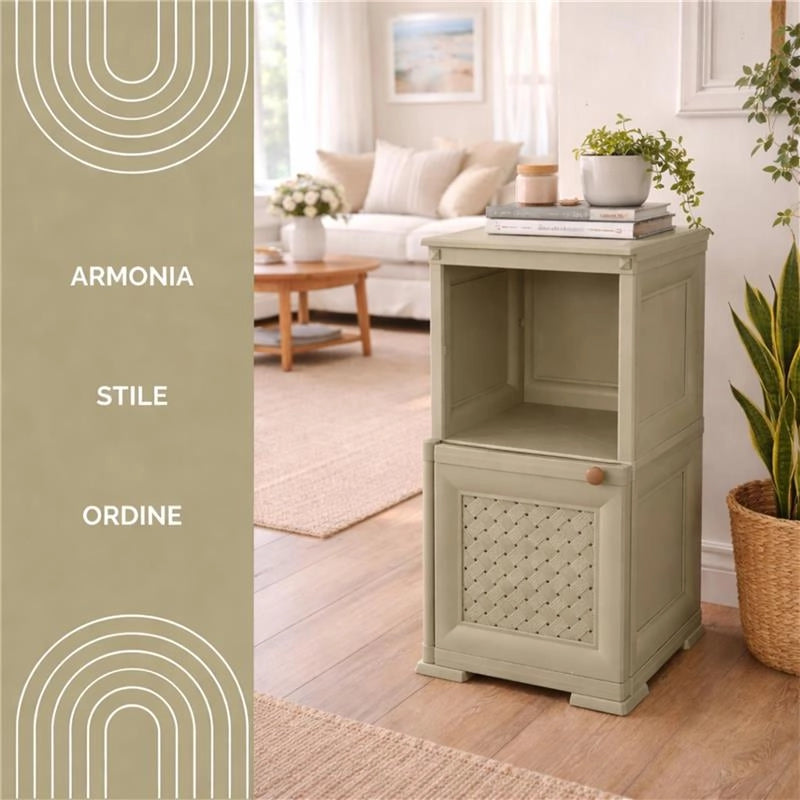 MOBILE 1 MODULO TAUPE 40X43X85,5 CM CON ANTA TRAFORATA E 1 MODULO SCAFFALE – CONTENITORE VERTICALE SALVASPAZIO PER INGRESSO E ZONA GIORNO
