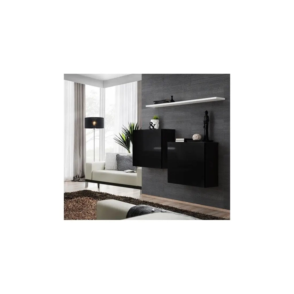 Set di mobili per soggiorno SWITCH SBI - Nero lucido e scaffale bianco - Design moderno