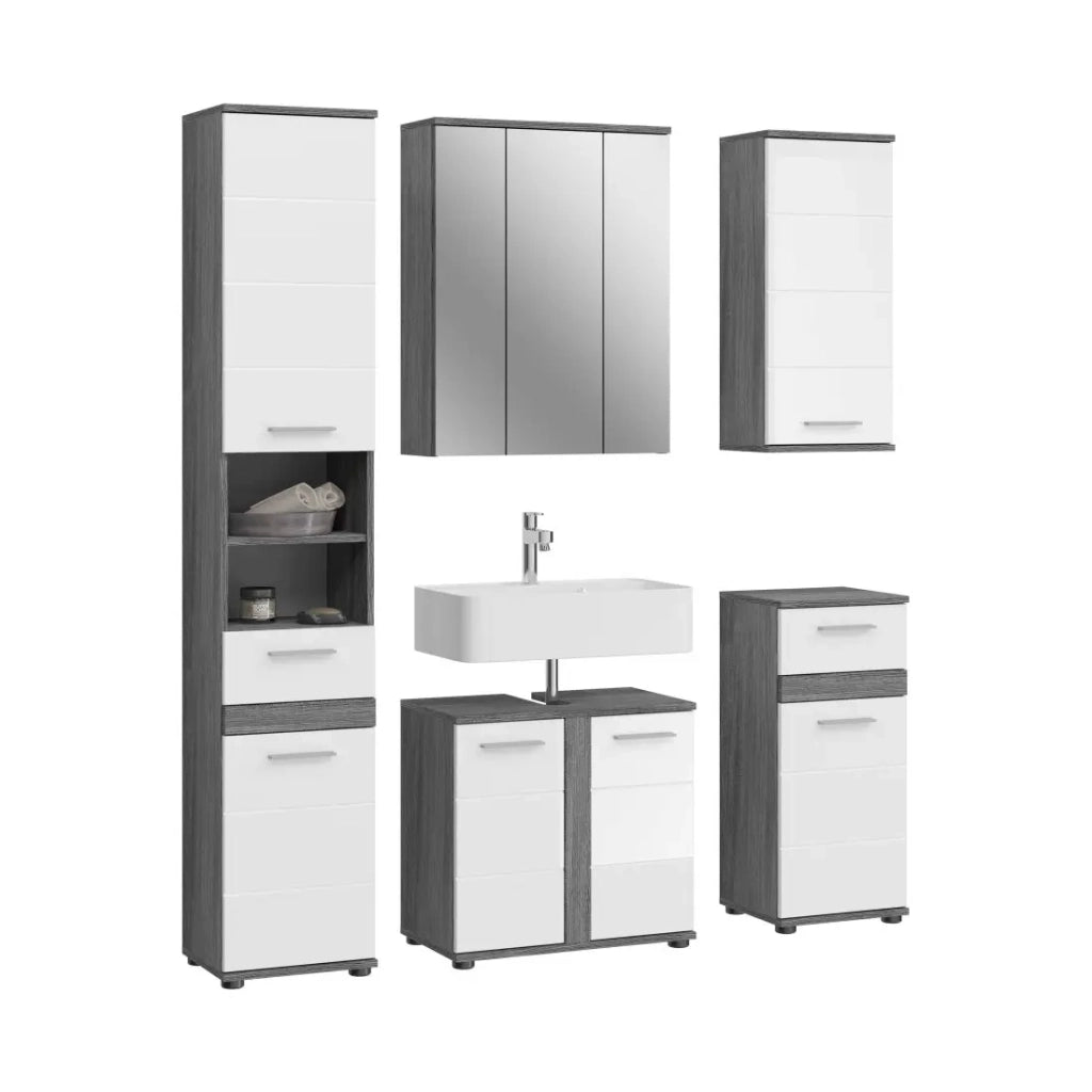 Set di mobili da bagno WILLIAM – Grigio scuro e bianco – 164x191x34 cm – 6 porte, 2 cassetti