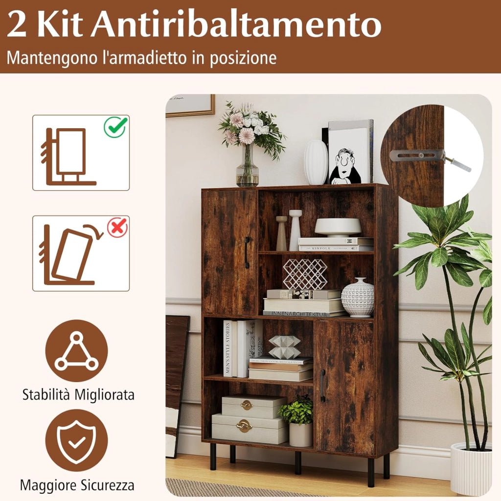 Credenza Mobile da Cucina, Libreria Verticale in Legno con 2 Ante, 4 Ripiani Aperti e 5 Gambe in Metallo, Mobile Dispensa Moderno per Soggiorno, Studio e Ufficio, 80 x 24 x 119,5 cm (Marrone)