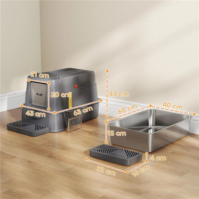 LETTIERA PER GATTI CHIUSA DA 80L CON VASSOIO ESTRAIBILE, IN ABS E ACCIAIO INOX, 63X43X43 CM, GRIGIO SCURO