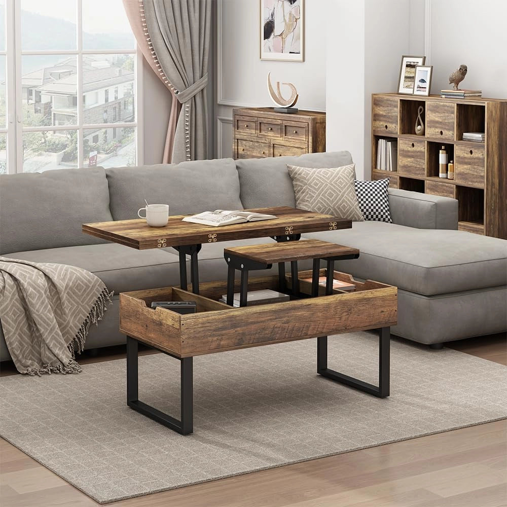 tavolino soggiorno Lifty, Rovere rustico, 100 x 50 cm con funzione di sollevamento, estendibile con piano regolabile in altezza e spazio contenitore