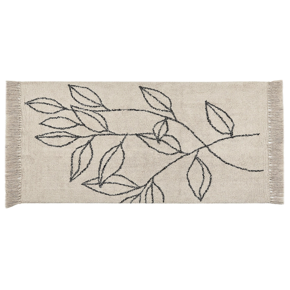 Tappeto cotone trapuntato motivo a foglie e nappe 80 x 150 cm beige e nero soggiorno camera da letto