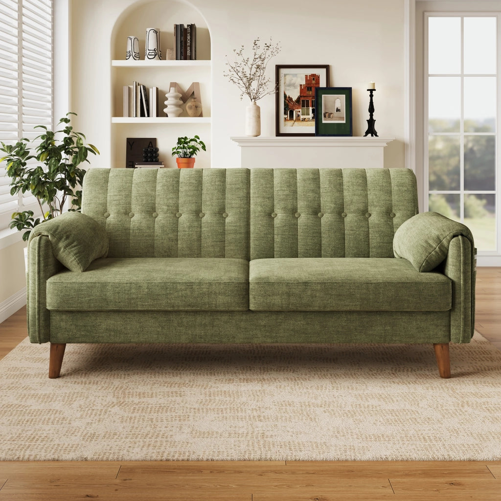 Divano a 2 posti in chenille con cuscino seduta spesso, schienale trapuntato, tasche laterali e cuscini bracciolo, verde