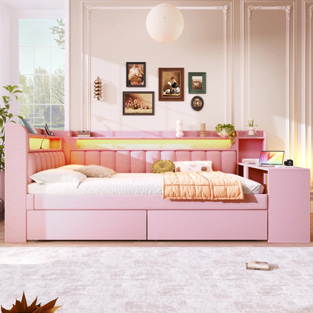 OKWISH Letto Divano 140 x 200 cm, Letto Matrimoniale con 2 Cassetti, USB, LED e Scrivania, senza Materasso, Rosa