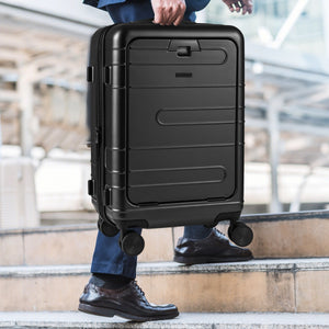 Valigia leggera con scocca rigida in PC con tasca frontale manico retrattile-Bagaglio a mano espandibile ruote girevoli Nero