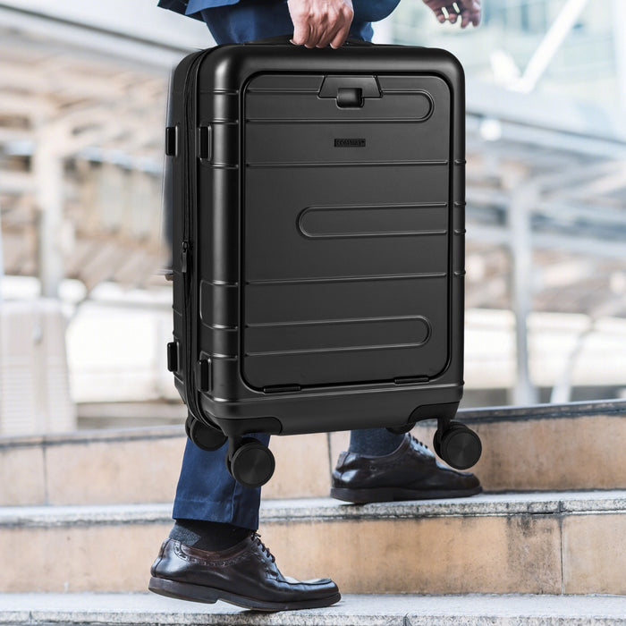Valigia leggera con scocca rigida in PC con tasca frontale manico retrattile-Bagaglio a mano espandibile ruote girevoli Nero