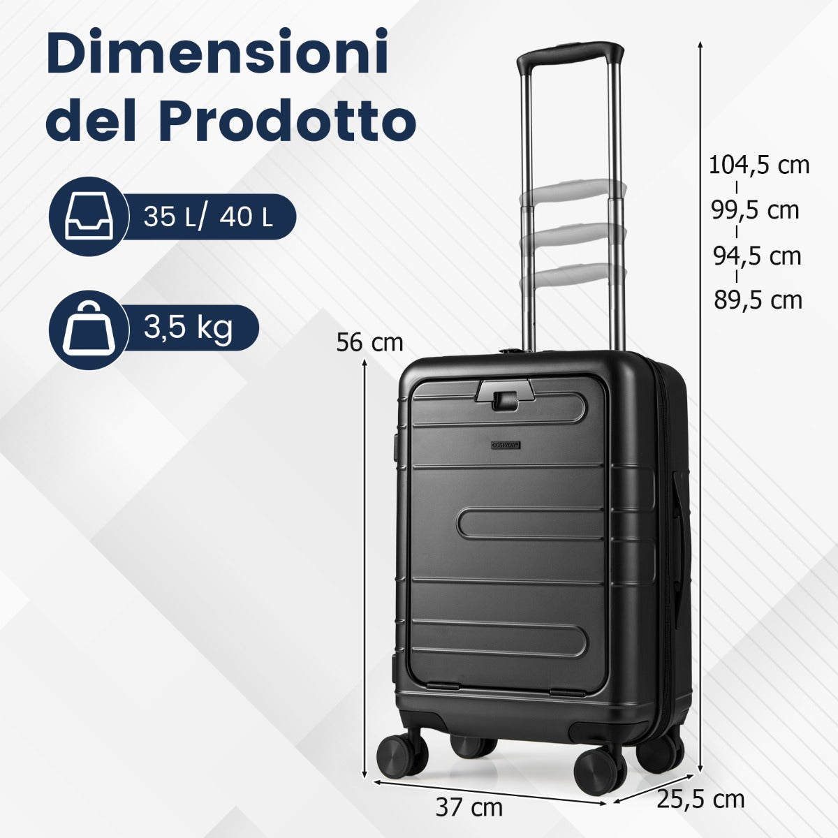 Valigia leggera con scocca rigida in PC con tasca frontale manico retrattile-Bagaglio a mano espandibile ruote girevoli Nero