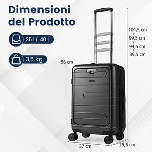 Valigia leggera con scocca rigida in PC con tasca frontale manico retrattile-Bagaglio a mano espandibile ruote girevoli Nero