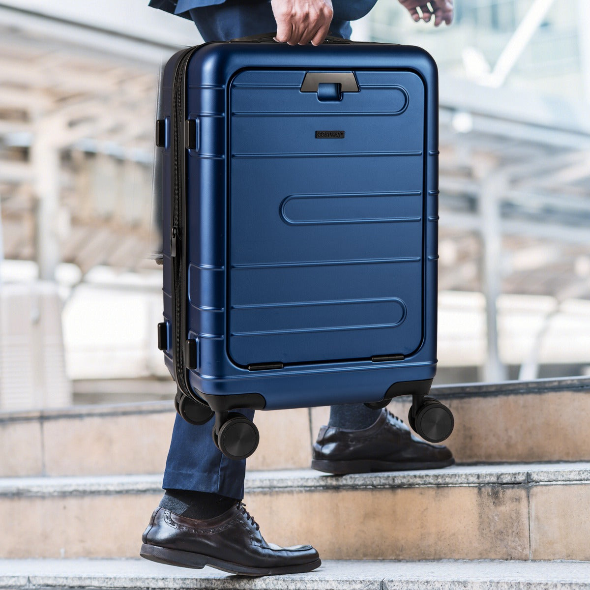 Valigia leggera con scocca rigida in PC con tasca frontale manico retrattile-Bagaglio a mano espandibile ruote girevoli Blu navy