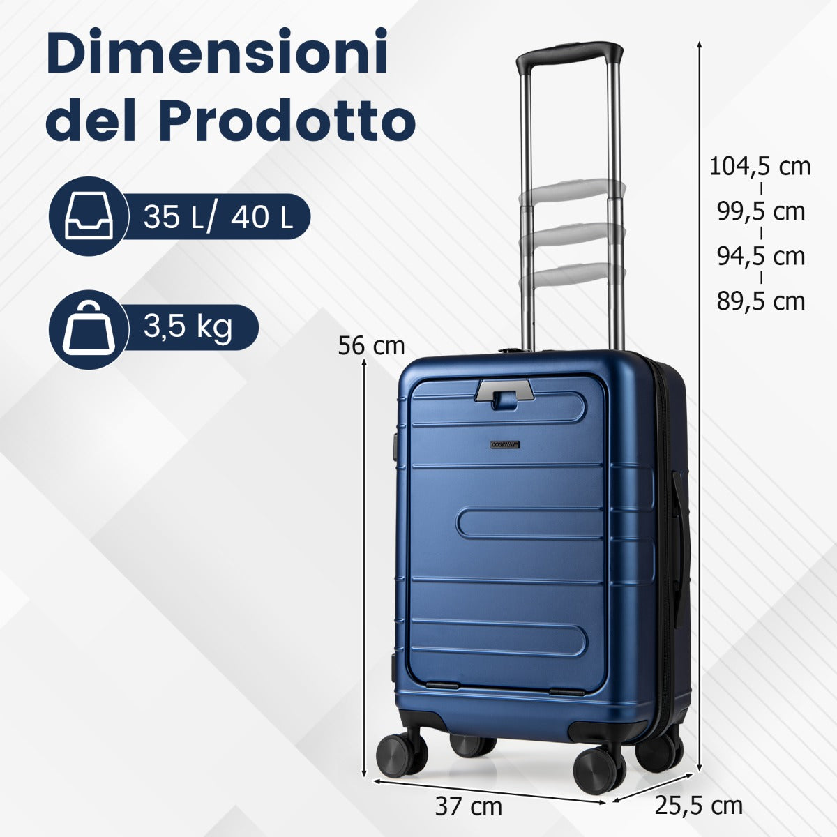 Valigia leggera con scocca rigida in PC con tasca frontale manico retrattile-Bagaglio a mano espandibile ruote girevoli Blu navy