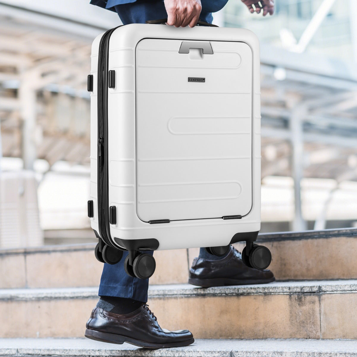Valigia leggera con scocca rigida in PC con tasca frontale manico retrattile-Bagaglio a mano espandibile ruote girevoli Bianco